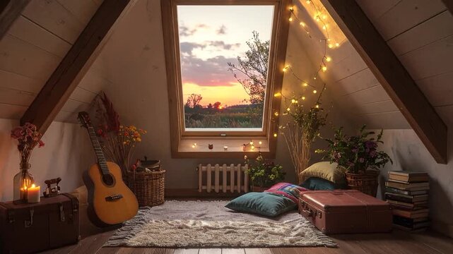 Cozy attic room with guitar at sunset.