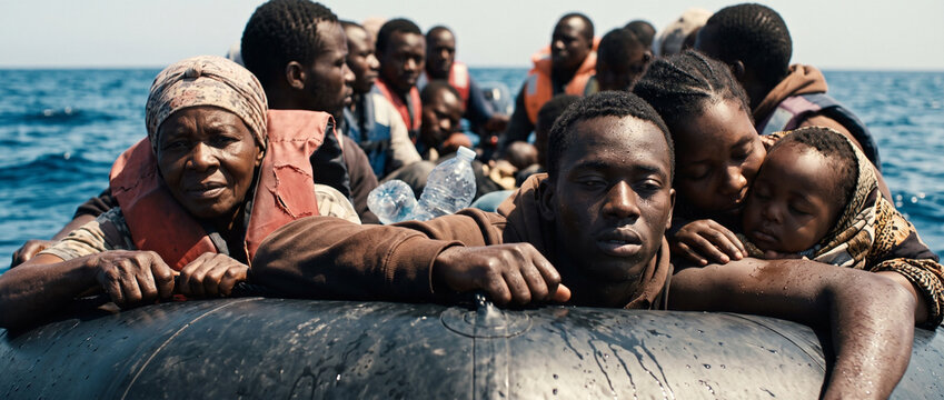 Refugee group of man, woman and child crossing sea in small rubber boat. Migrant family fleeing home in search of safety. Crisis of humanitarian emergency and illegal sea migration.