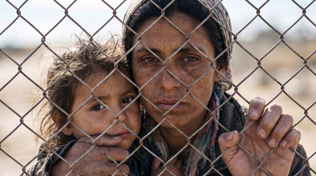 Woman and female child looking through chain link fence. Sad refugees seeking asylum at border. Humanitarian crisis, poverty and social injustice. Depiction of immigration challenge.