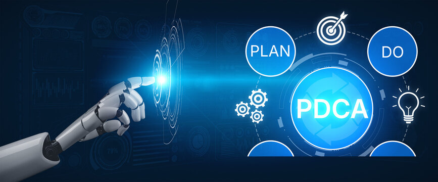 Futuristic Robot Hand Interacting with PDCA Cycle Elements Symbolizing Continuous Improvement and Effective Management Strategies in a Digital Environment. Bitwise.