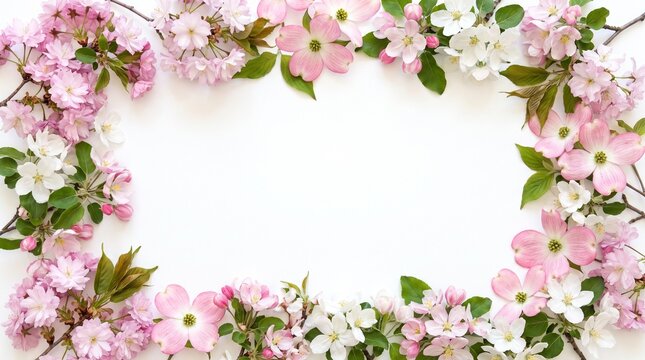 Beautiful spring flower frame flat lay overhead view isolated on white background with space for text