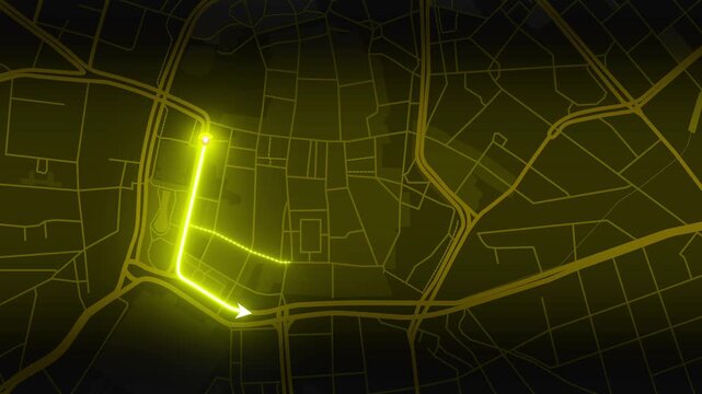 Leipzig, Saxony, Germany Animated City Map with Glowing Yellow GPS Route Through Downtown and Moving Arrow, 4K