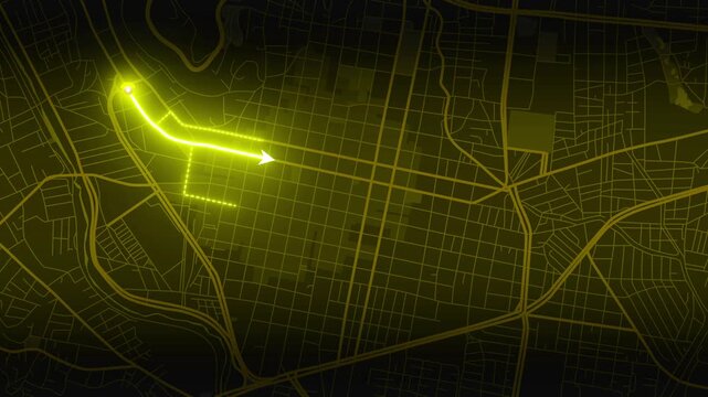 Oaxaca City, Oaxaca State, Southern Mexico Animated City Map with Glowing Yellow GPS Route Through Downtown and Moving Arrow, 4K
