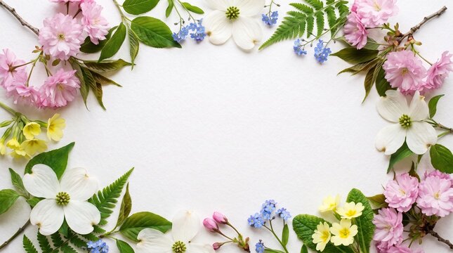 Spring blossom floral frame border with cherry blossoms and green flowers on white background with copy space