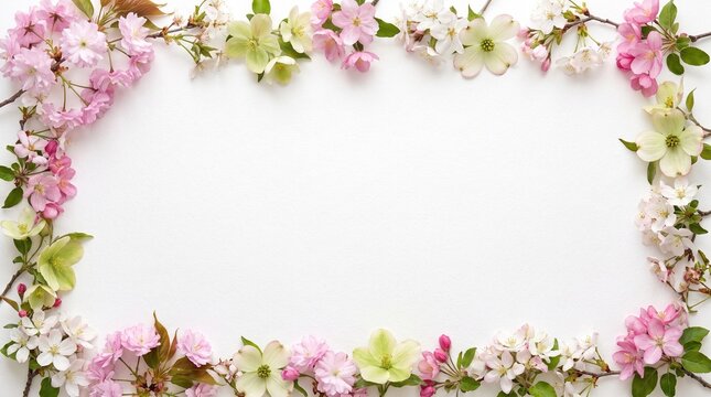 Beautiful spring flower frame flat lay overhead view isolated on white background with space for text