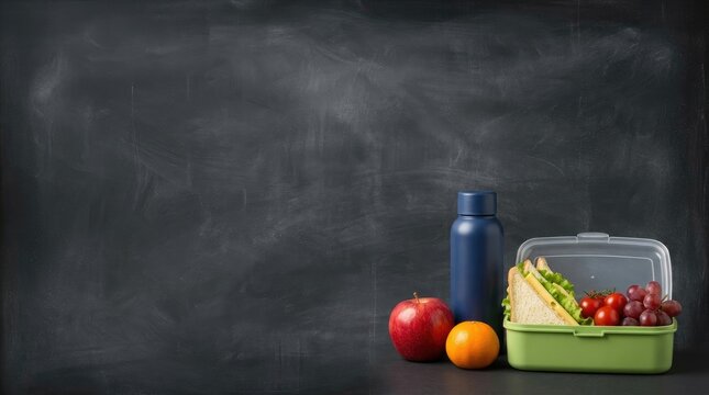 A healthy school lunch packed in a green container with fresh fruit and a water bottle on chalkboard background