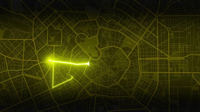 Milan, Lombardy, Northern Italy Animated City Map with Glowing Yellow GPS Route Through Downtown and Moving Arrow, 4K