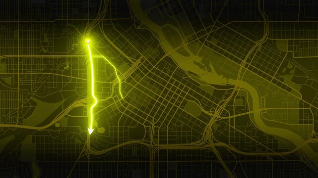 Minneapolis, Minnesota, Midwestern USA Animated City Map with Glowing Yellow GPS Route Through Downtown and Moving Arrow, 4K