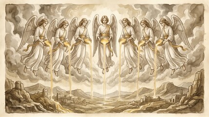 Obraz premium Seven angels pouring golden bowls of divine wrath over earth. Biblical apocalypse scene depicting God judgment and end of time from Revelation. Religious illustration of spiritual event.