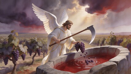 Obraz premium Angel as man with scythe collecting purple grape for wine press in vineyard. Biblical apocalypse scene representing judgment and harvest. Concept of spiritual harvest and prophecy.
