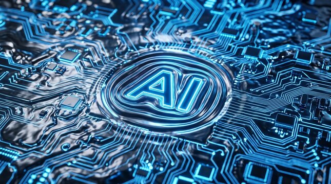 Artificial Intelligence AI Logo on Glowing Blue Digital Circuit Board, Futuristic Technology Machine Learning and Cyber Security Concept