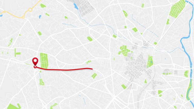Montpellier, Occitanie, Southern France Animated City Map with Red GPS Route and Location Pin, 4K