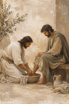 Jesus Christ kneeling to wash a disciple&rsquo;s feet, peaceful Christian watercolor illustration representing humility, love and selfless service