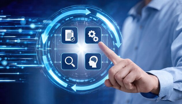 Feedback loop with continuous improvement, problem solving, monitoring, analysis, optimization, and decision making on digital process concept.