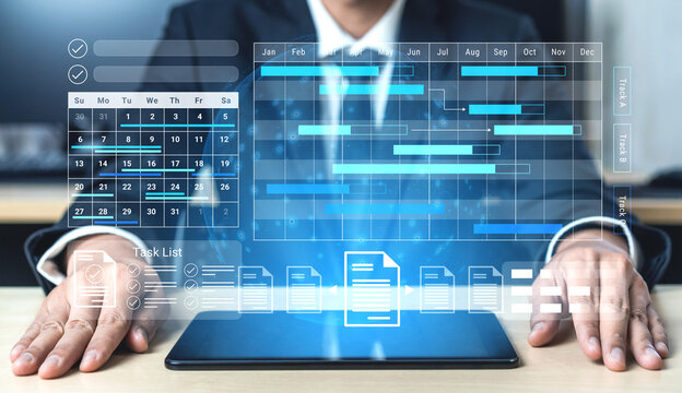 A business professional is engaged with a digital calendar and task list on a tablet, showcasing project management and productivity tools in a modern office environment. Gantry