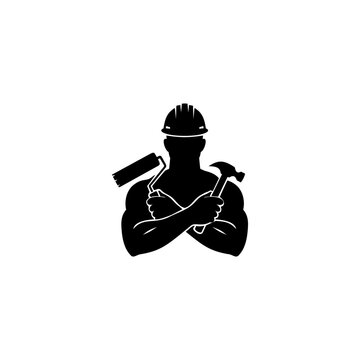 A strong black and white vector silhouette of a builder wearing a hard hat with crossed arms, holding a hammer and a paint roller