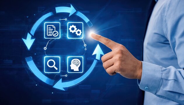 Feedback loop with continuous improvement, problem solving, monitoring, analysis, optimization, and decision making on digital process concept.