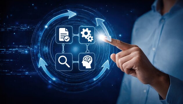 Feedback loop with continuous improvement, problem solving, monitoring, analysis, optimization, and decision making on digital process concept.