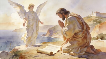 Obraz premium Angel appearing to man praying with scroll on cliffside. Biblical vision depiction of prophecy and revelation. Sacred spiritual encounter, divine message and faith theme illustration.