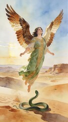 Obraz premium Woman angel with wings floating above a desert with a green snake. Biblical scene of divine struggle against evil. Concept of spiritual warfare, heaven, redemption and revelation.