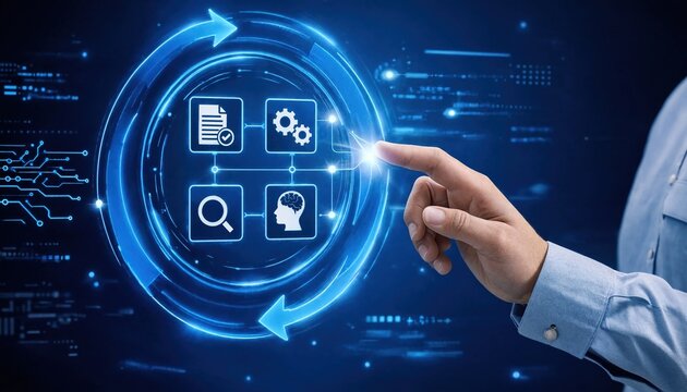 Feedback loop with continuous improvement, problem solving, monitoring, analysis, optimization, and decision making on digital process concept.