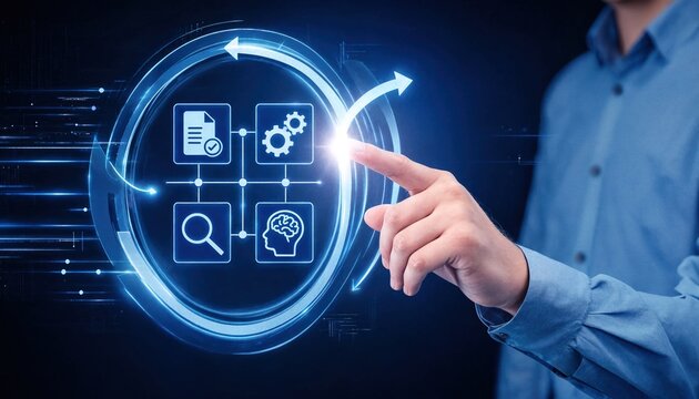 Feedback loop with continuous improvement, problem solving, monitoring, analysis, optimization, and decision making on digital process concept.