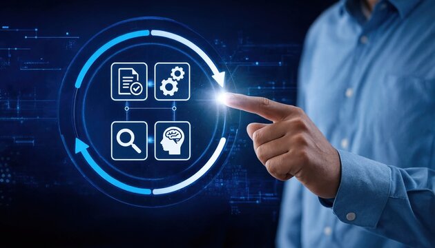 Feedback loop with continuous improvement, problem solving, monitoring, analysis, optimization, and decision making on digital process concept.