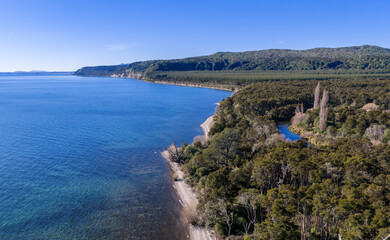 Naklejka premium Aerial view of the lush, forested coastline and deep blue waters of Lake Taupō in the Taupō region of New Zealand on a sunny day.