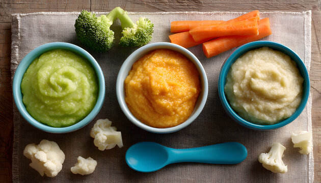 Three bowls of baby food purees, green, orange, and beige, with fresh carrot, broccoli, cauliflower, and apples are present with a blue spoon near small cauliflower pieces.