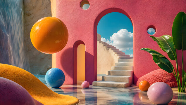 Door Opening to the Sky with Floating Balloons and Decorative Spheres in a Festive Illustration