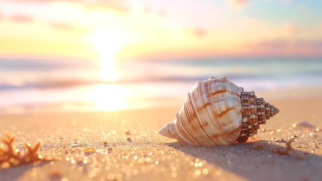 Large seashell on sandy beach at golden sunset.
