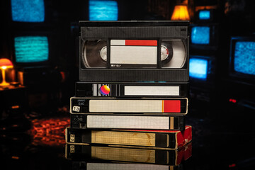 Stack of vintage VHS cassette tapes against blurry retro TVs back © solidmaks
