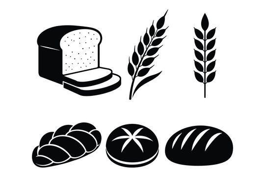 Collection of various types of artisan bread and wheat stalk silhouettes for icons