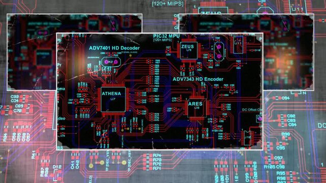 Video animation with printed circuit board of electronic device, components of radio elements, conductors with animated motion effect. Beautiful technic cad screensaver. Engineering computer design.