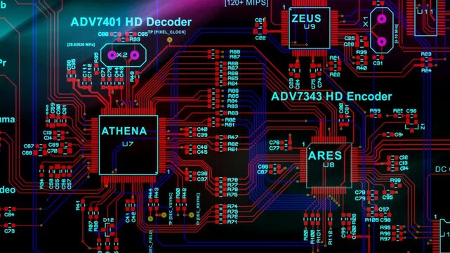 Video animation with printed circuit board of electronic device, components of radio elements, conductors with animated motion effect. Beautiful technic cad screensaver. Engineering computer design.