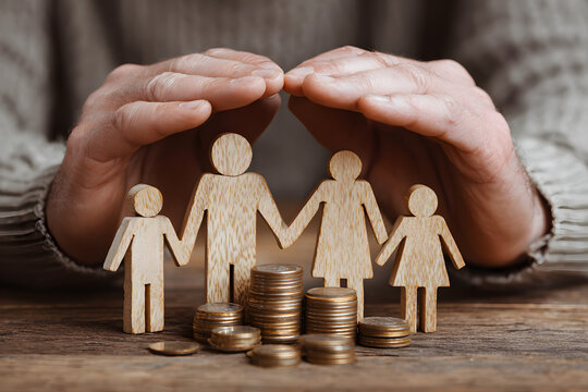 Protective hands holding wooden figurines of a family, symbolizing insurance, financial stability, health coverage, savings plans, and future security.