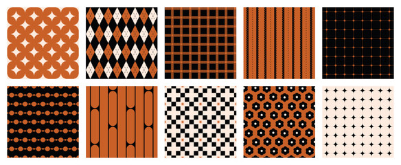 Collection of bold seamless retro geometric and floral patterns in orange black and cream colors designed for striking textile prints wallpaper packaging branding and contemporary surface decoration © SpainArts
