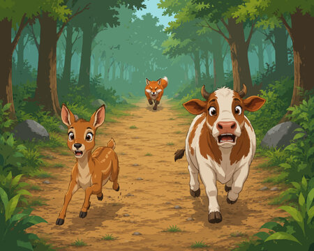 a frightened mouse deer and a cow running through a dense forest while being chased by a fox.