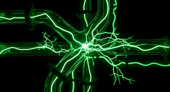 Glowing green plasma energy discharge flowing through transparent glass tubes in a dark laboratory setting