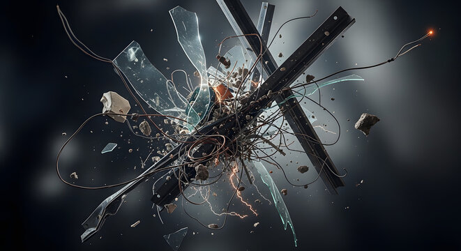 Dynamic abstract explosion of shattered glass, twisted metal, and intricate electronic wires, creating a chaotic and energetic display of industrial fragmentation and technological breakdown