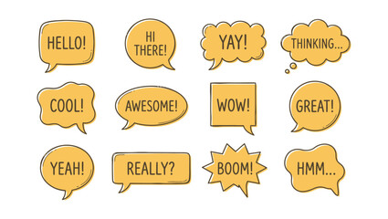 Set of hand drawn speech bubbles with text on a plain white background © Ditu Roy