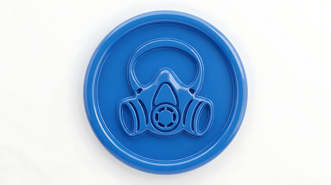 Respirator mask icon embossed on a circular blue plastic button provides a clear visual indicator for workplace safety protocols.