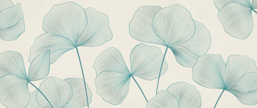 Botanical art background with flowers and leaves in line art style. Floral vector banner for decor, prints, wallpaper, posters, packaging, and interior design.