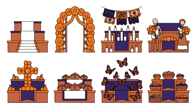 Vector set of traditional Mexican Day of the Dead altars and ofrendas decorated with marigold flowers.