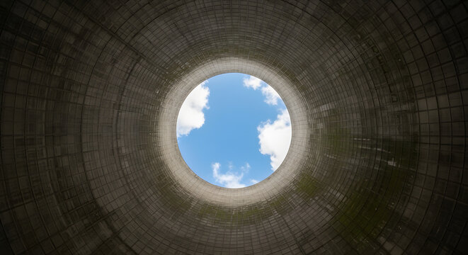 Low angle view looking up from inside an industrial concrete cooling tower towards a bright blue sky with clouds