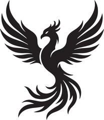 Fototapeta premium Black phoenix bird rising from flames in dramatic silhouette. Mythical firebird symbolizing rebirth and power in minimalist vector art.