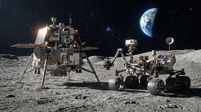 Robotic lunar lander and rover on the moon. Space exploration vehicle on a lunar surface.