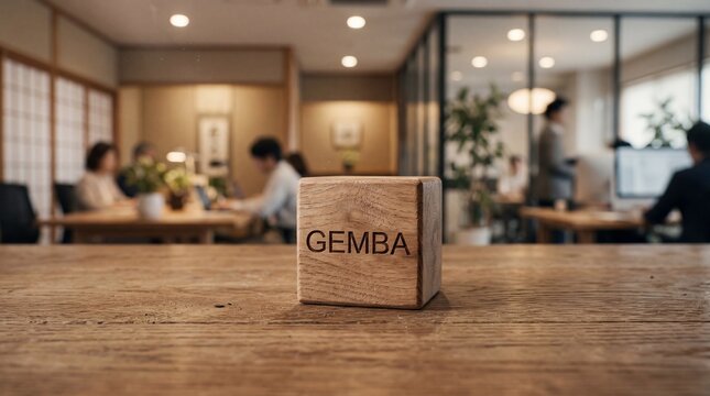 Gemba Wooden Block on Office Desk with Blurred Background of People Working.