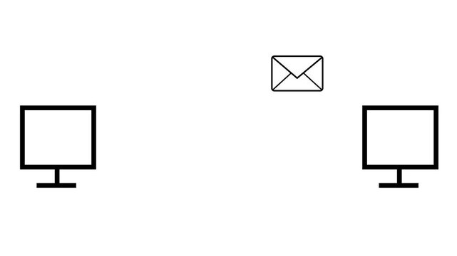 Animated email icon moving between two desktop computer monitors on a white background, representing digital communication and data transfer.