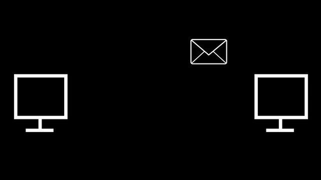 Animated email icon transferring between two desktop monitors on a black background, symbolizing internet networking and electronic mail.